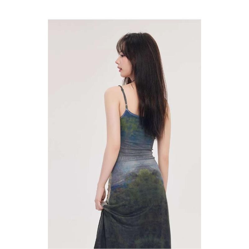 Tie-dye Suspender Dress Women Summer New Design Temperament Mesh Slim Long Skirt