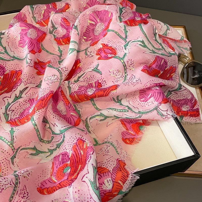 Spain Fashion Lotus Floral Fringe Viscose Shawl Scarf Lady High Quality Wrap Pashmina Stole Bufandas Muslim Hijab 180*90Cm