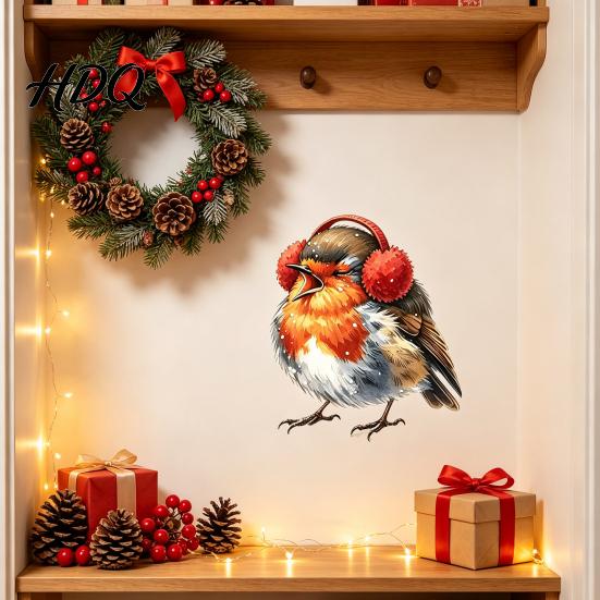 Decorative Bird Wall Art Christmas Sticker Cute Watercolor Decals with Wreath/Scarf/Hat/Ear Warmer PVC Waterproof Murals for Living Room Window