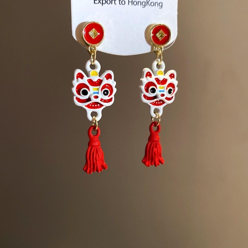 Cartoon Lion Dance Ear Studs Awakened Lion Drop Earrings Retro Tassel Lion Dance Earrings  Wedding