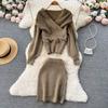 Autumn And Winter Retro Cross Sex V-Neck Bubble Sleeve Loose Sweater + High Waist Hip Knitted Half-Body Skirt Two-Piece Set