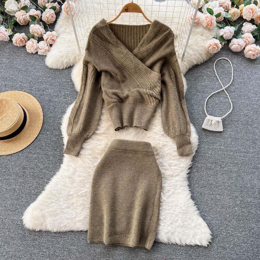 Autumn And Winter Retro Cross Sex V-Neck Bubble Sleeve Loose Sweater + High Waist Hip Knitted Half-Body Skirt Two-Piece Set