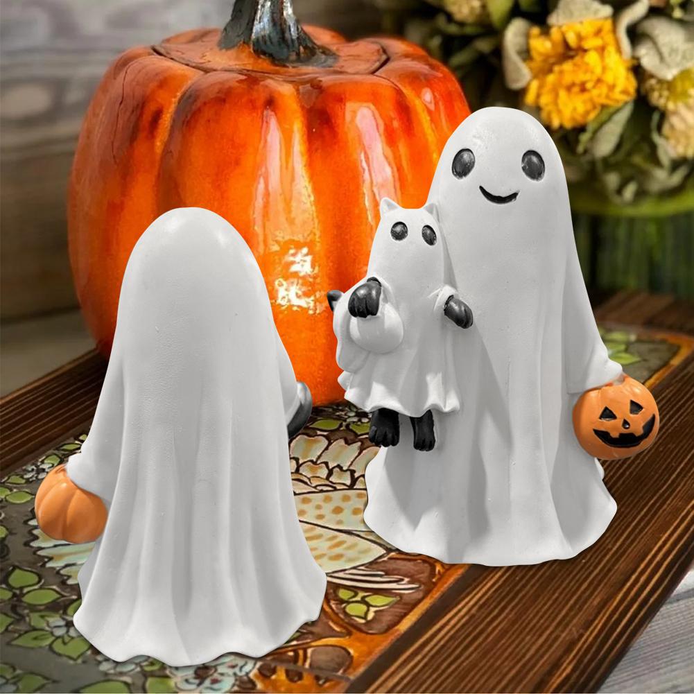 Halloween Ghost Tabletop Sculpture with Pumpkin Spooky Ghost Resin Figurine Hugging Cat for Friends Desktop Ornament