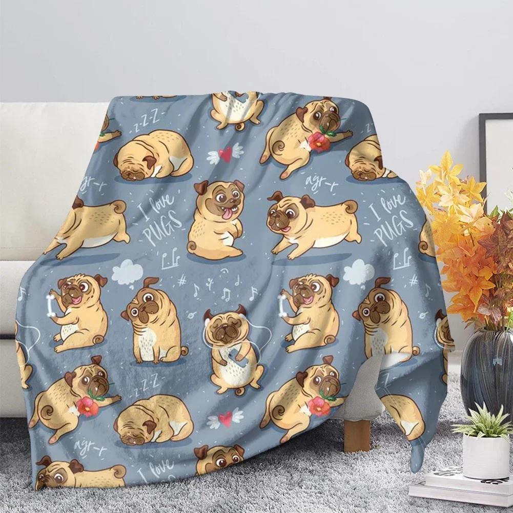 Flannel Blanket Cute Animal Pug Dog Soft Warm Fall Sofa Fleece Throw S for Bed  Couch  King Size Lightweight