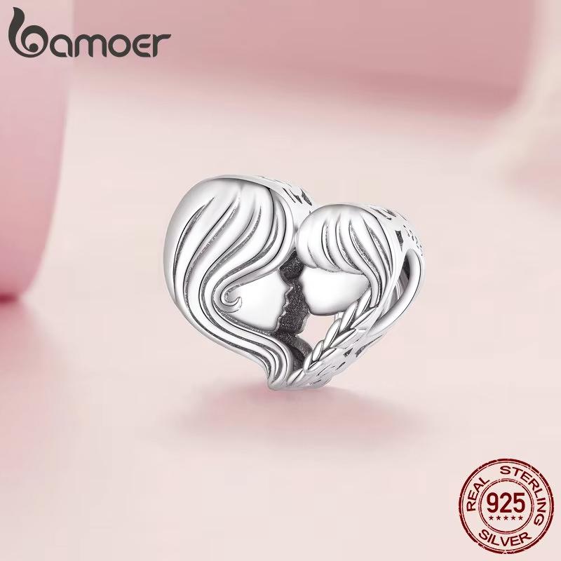 BAMOER 925 Silver Mother & Daughter Bead Affinity Heart Charm for Women Bracelet Bangle DIY Mother's Day Gift BSC687