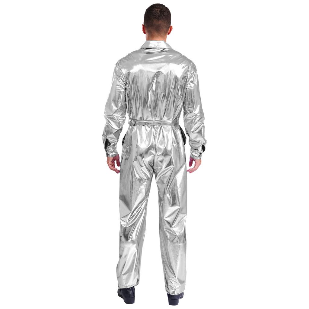 Glanzende Metallic Turn-down Kraag Lange Mouwen Hoge Taille Jumpsuit Heren Halloween Kostuum
