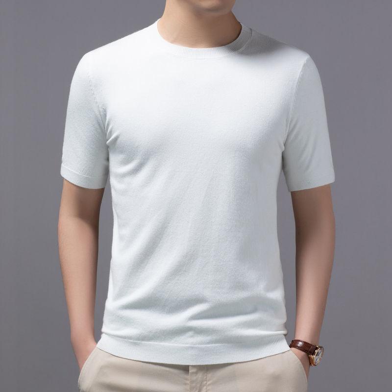 

Men Solid Color Knitted Short Sleeve Round Neck T Shirt S білий