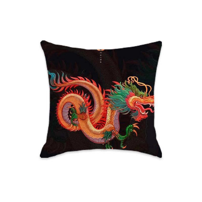 New Chinese Style Mythical Beast Lion Pillowcase - Festive Cartoon Home Decor Cushion for Sofa and Bed.