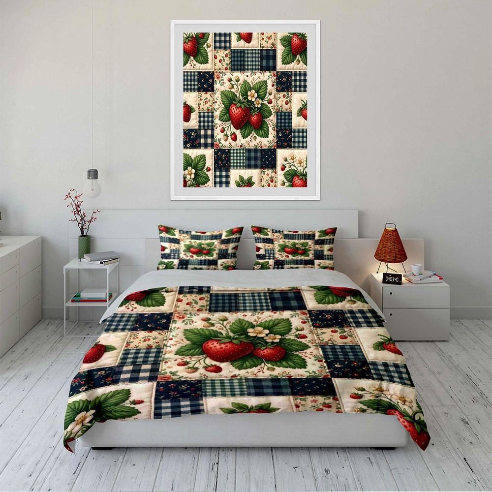 Strawberry Patchwork Design Bedding Duvet Cover Set Duvet Cover Pillowcases (1*Duvet Cover 2*Pillowcases, without duvet insert)