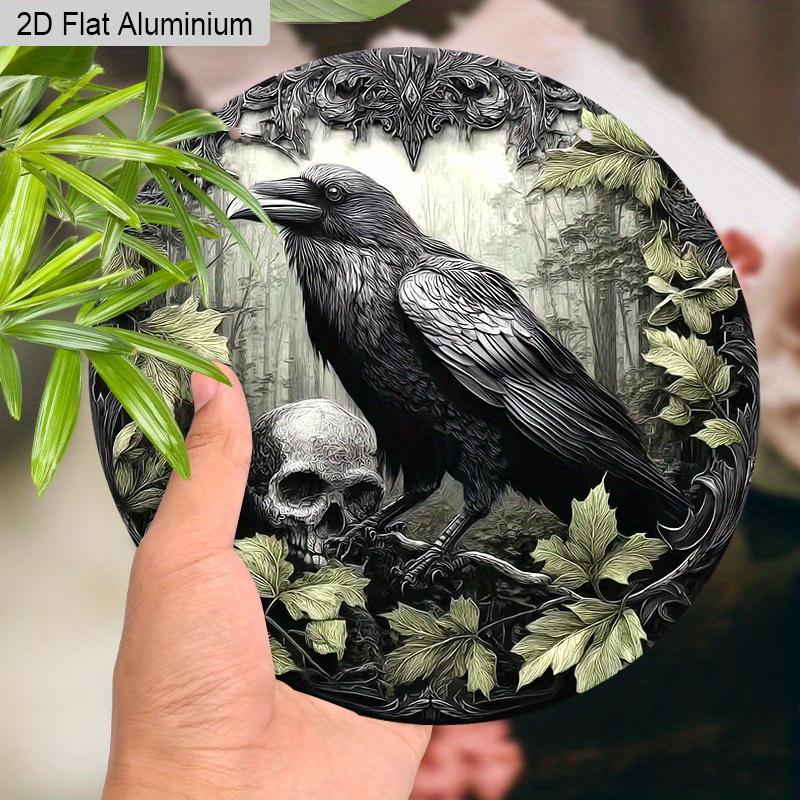 2D Flat Aluminium Retro Halloween Sign with Crow Pattern - Halloween Figurine Ornaments - Ideal for Front Door, Wall, Porch, Window Decor - Ideal