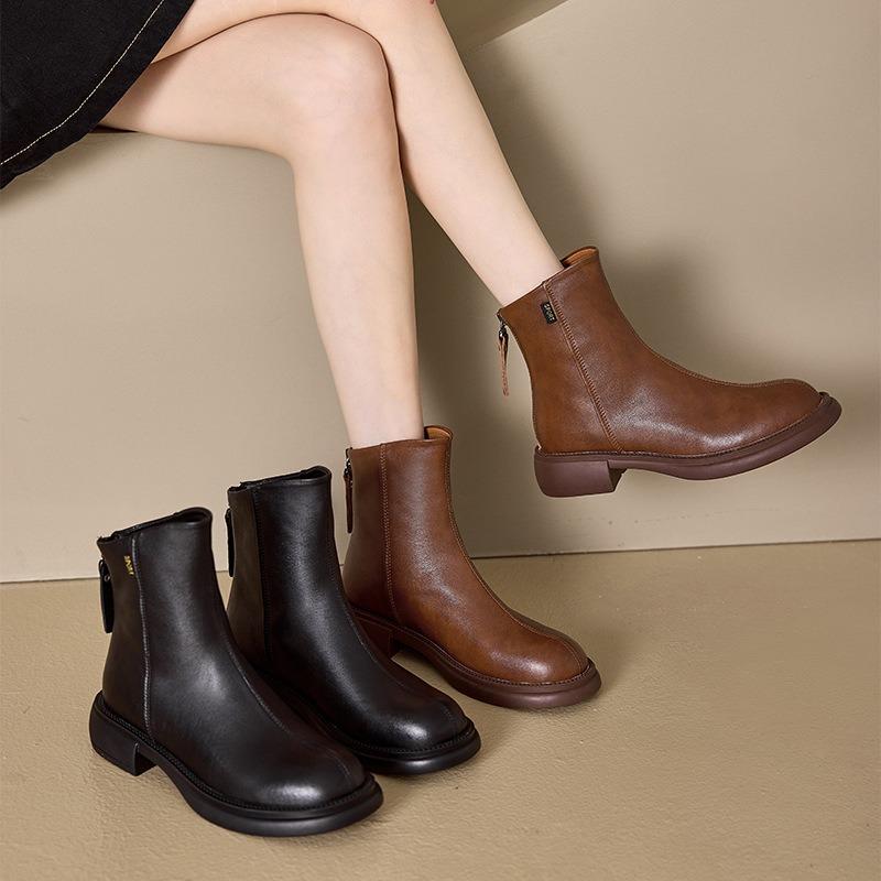Autumn and winter velvet leather Martin boots women's rear zipper skinny women's boots retro large size casual shoes
