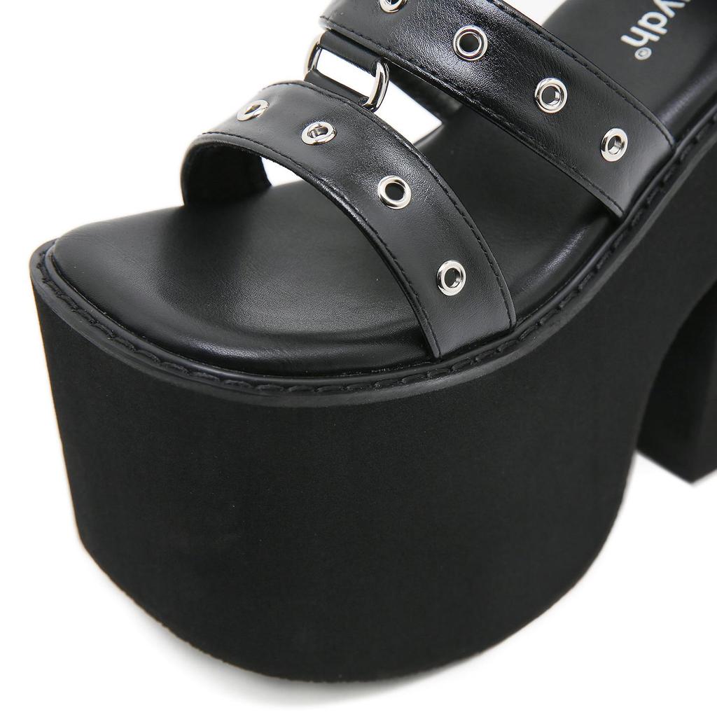 Gdgydh Black Punk Gothic Platform Sandals Open Toe Buckle Strappy Sexy Rivets Thick Heels Footwear Summer Shoes for Women