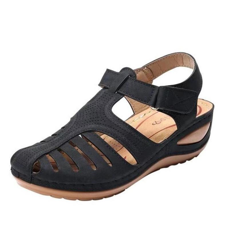 

20 summer new retro women s sandals, thread hole shoes, anti-slip large size round toe wedge comfortable sandals women 43 чёрный
