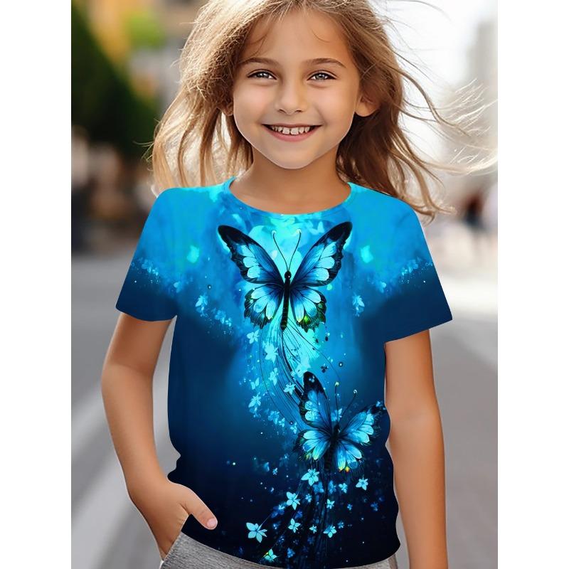 Children's Clothing, Short Sleeved Girls' T-shirt with Butterfly Print, Cute Round Neck Girls' Top, Children's Summer Clothing,