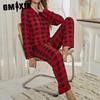 GMXIA Odzież domowa Damska Czerwona Kraciasta Koszula Kardigan z Długim Rękawem Długie Spodnie Zestaw Piżamowy