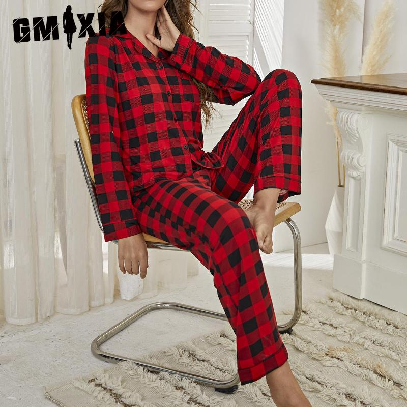 GMXIA Odzież domowa Damska Czerwona Kraciasta Koszula Kardigan z Długim Rękawem Długie Spodnie Zestaw Piżamowy