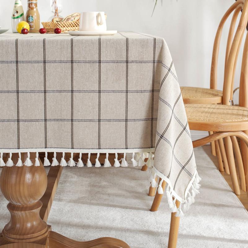 Cafe Double-Line Plaid Cotton Polyester Hemp Tassel Geometric Rectangular Dining Table Coffee Table Tablecloth Tablecloth