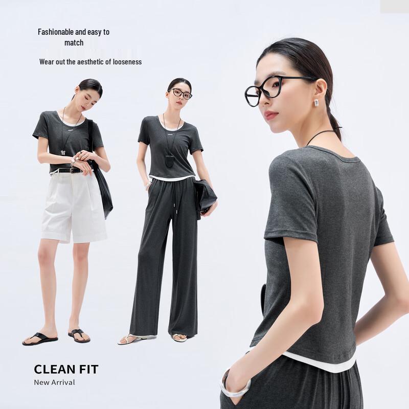 YERAD Women's Casual Faux Two-Piece Grey Short Sleeve T-Shirt