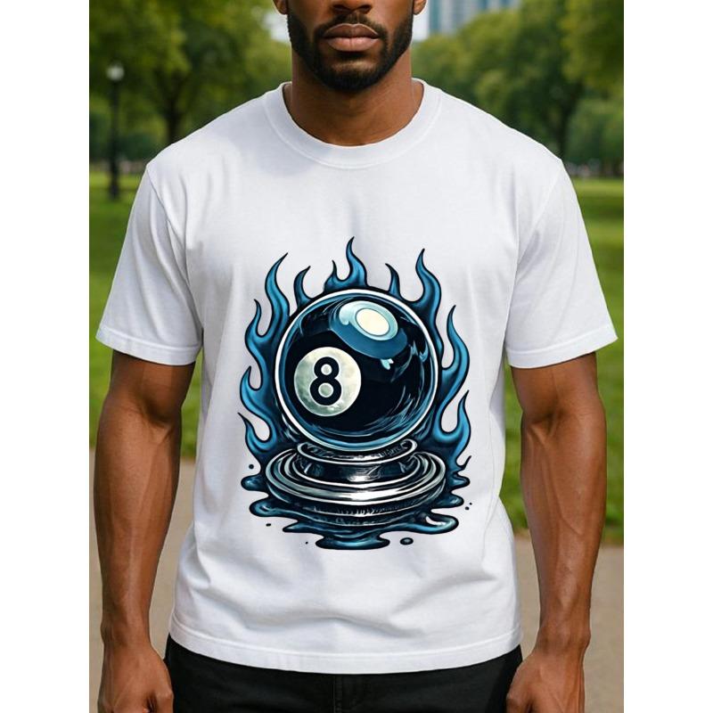 

European sizes Men S Flame 8 Billiards Graphic T-Shirt - with Flame & Number 8 Pool Print, Medium-Stretch Breathable Fabric 4XL білий