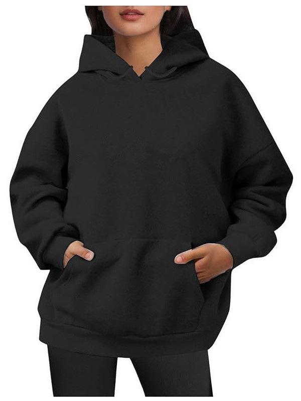 Women's European/American Style Casual Solid Color Plus Velvet Loose Hooded Sweatshirt for Autumn/Winter 2024