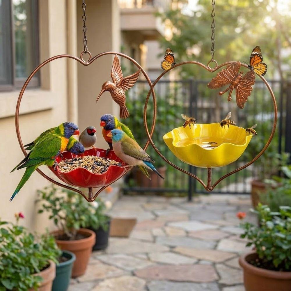 Wide-Mouth Heart Shape Bird Feeder Iron Art Retro Bird Bath Flower Bird Water Feeder Courtyard