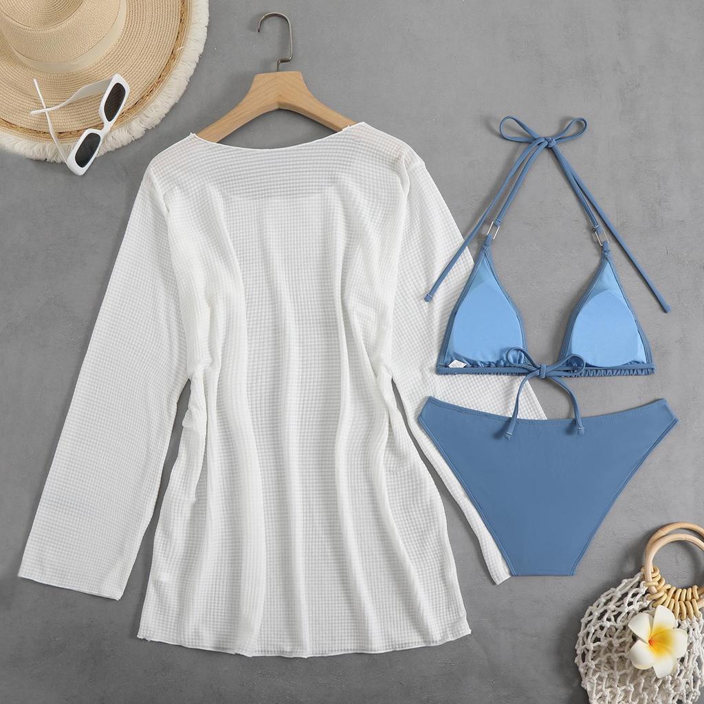 2025 European & American Three-Piece Bikini Set: Solid Color, Sexy Split Swimsuit with Cover-up and Sun Protection.