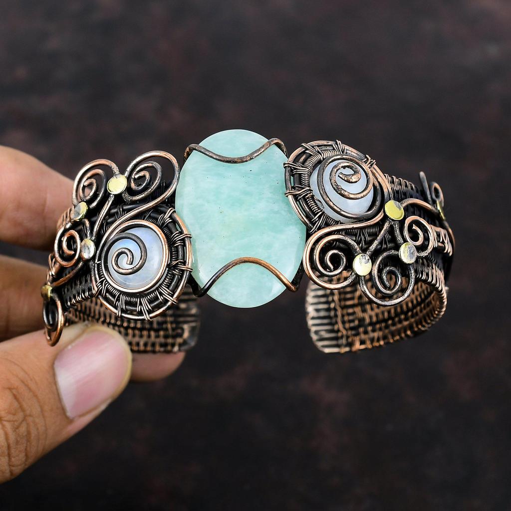 Amazonite Gemstone Cuff Bracelet Copper Wire Wrapped Cuff Rainbow Moonstone Bangle Adjustable Cuff Bracelet Handmade Jewelry Gift For Women
