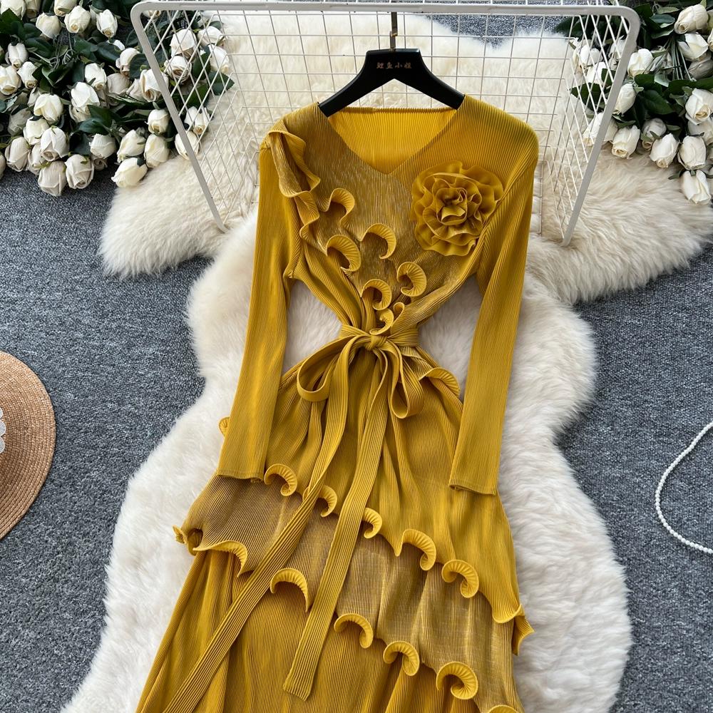 Autumn Winter Women Elegant 3D Flower Ruffles Miyake Fold Christmas Party Oversized Loose Lace-up Dresses