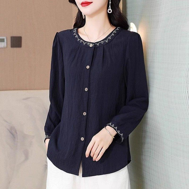 Women Literary Retro Embroidered Cotton Long Sleeve Shirt