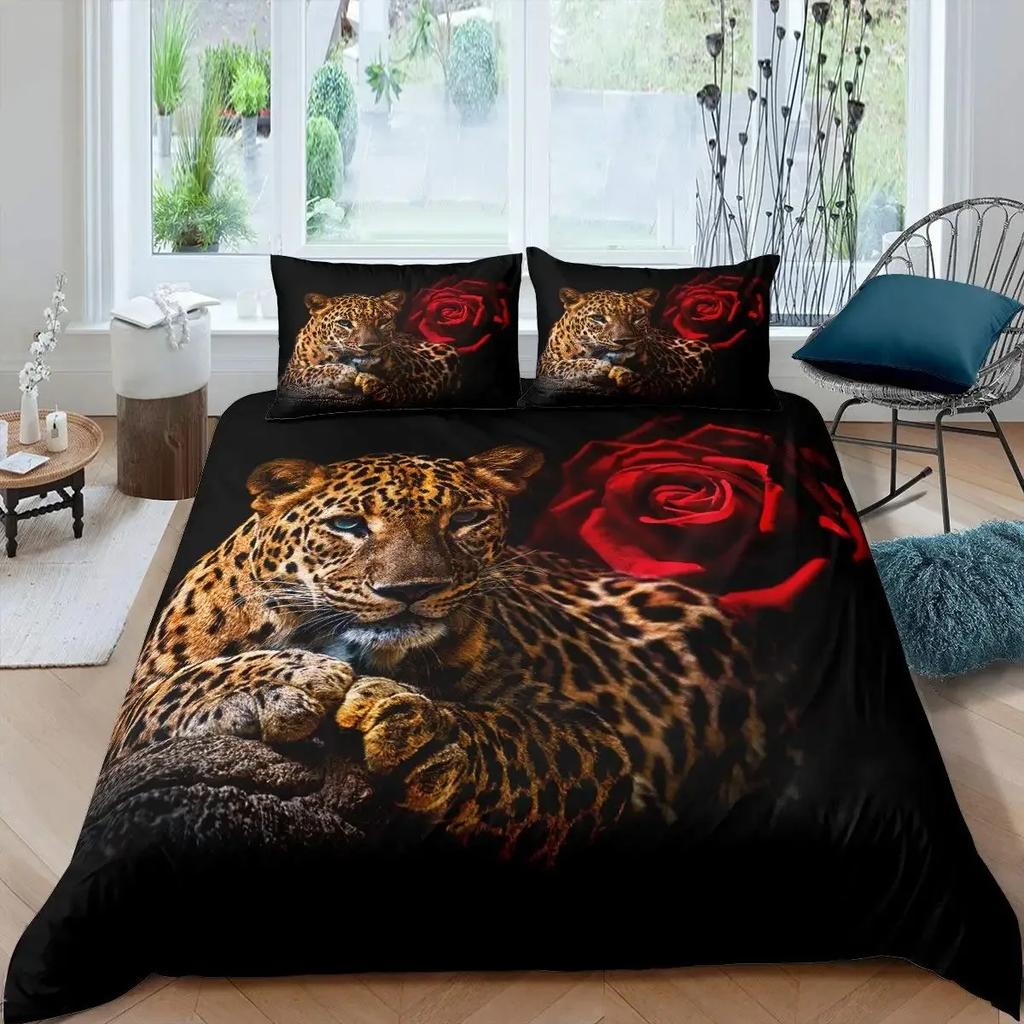 Set Copripiumino Leopardo King Copripiumino Ghepardo Feroce Copriletto Animale Selvatico Safari Decorazione Camera da Letto per Adolescenti Set Biancheria da Letto