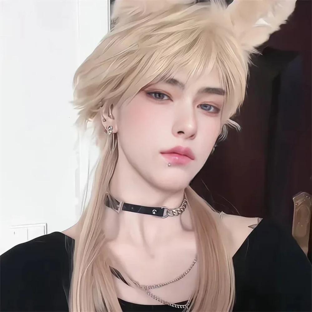 Heat Resistant Mullet Head Wigs with Bangs Straight Anime Men Wigs Long Cosplay Wig Party