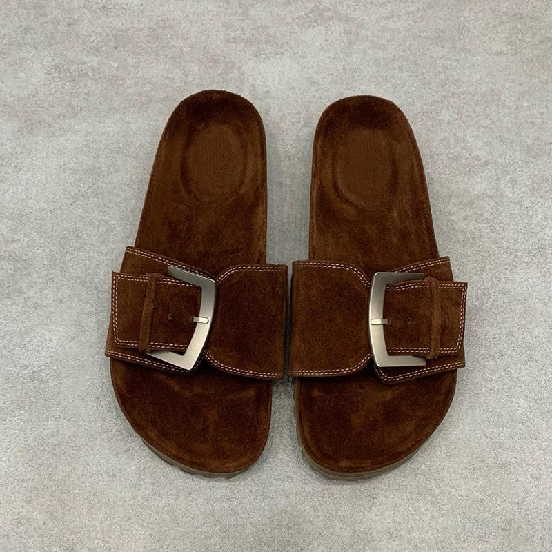 Cowhide version~ niche summer new retro leather big buckle one-word slippers women open-toed thick-bottomed Birkenstock sandals women