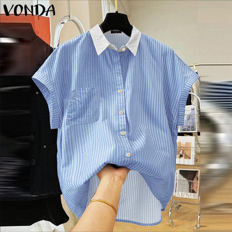 VONDA Women Stitching Lapel Short Sleeve Striped Buttons Up Casual Blouse
