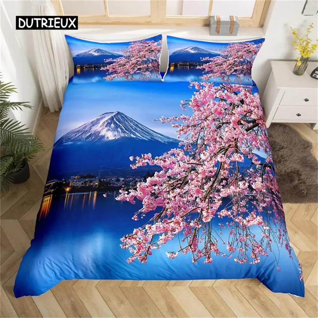 Set Biancheria da Letto Fiore di Ciliegio Giapponese Pittura Paesaggistica Set Copripiumino Stile Copripiumino Poliestere Coperta Trapuntata Artistica Camera da Letto