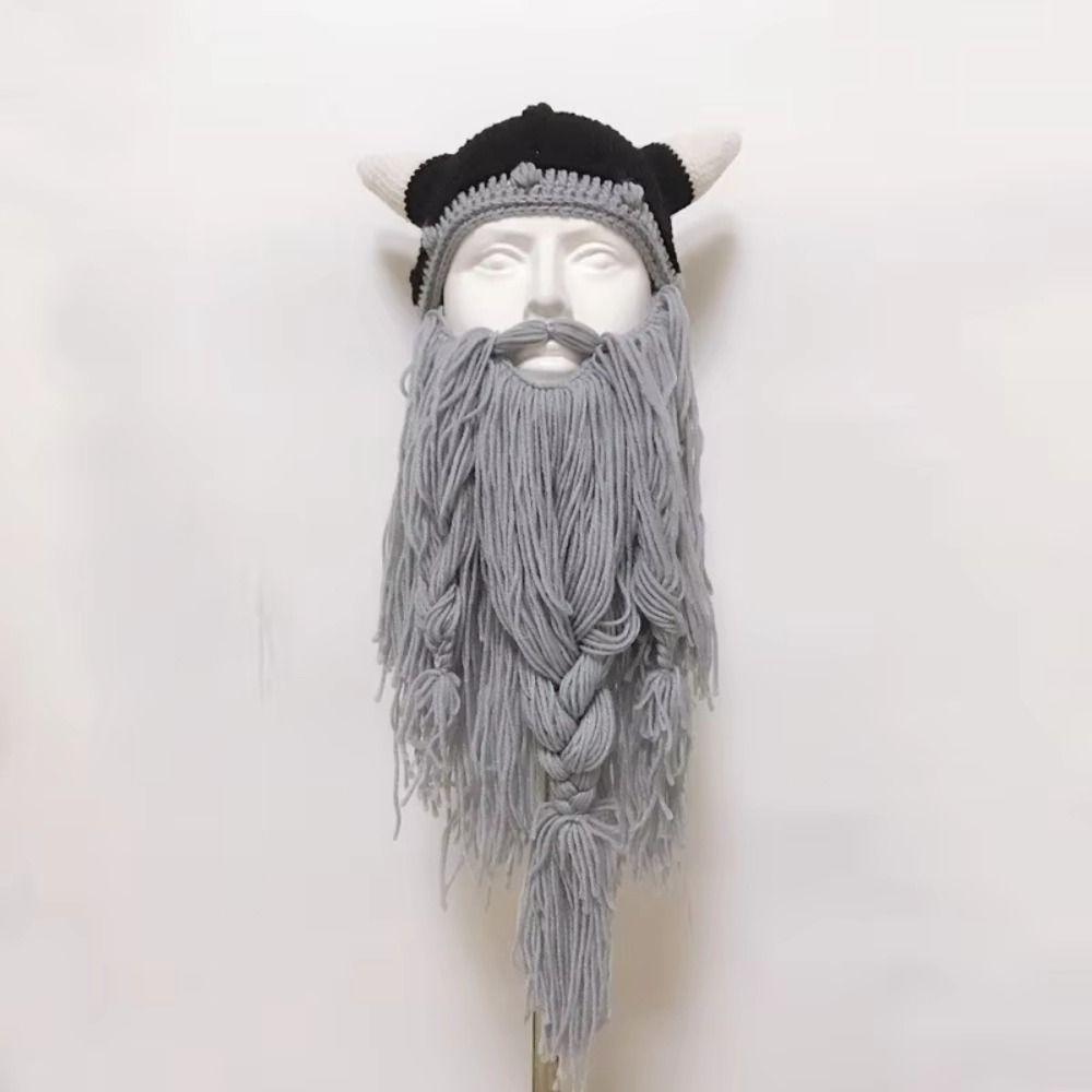 Handmade Knit Wig Beard Hats Horn Hat Big Beard Mask Hat Viking Beard Beanie  Costume Accessory