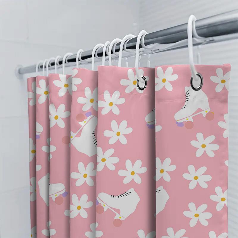 Whimsical Floral Roller Skates Shower Curtain Pink 3D Waterproof Fabric Decorative Bathroom Shower Curtains For Girls Kids