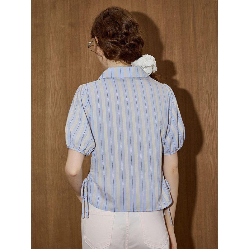 Coolhut American-Style Striped Drawstring Puff Sleeve Short Lapel Short-Sleeve Design 2025 Summer Women's Shirt