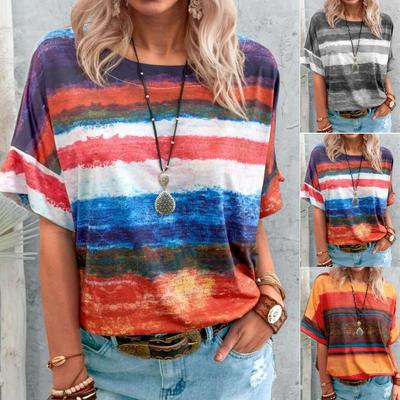 Summer Plus Size Clothing Women Round Neck Contrast Striped Printed Vintage Tee Shirt Casual Loose Short Sleeve Tunic Tops