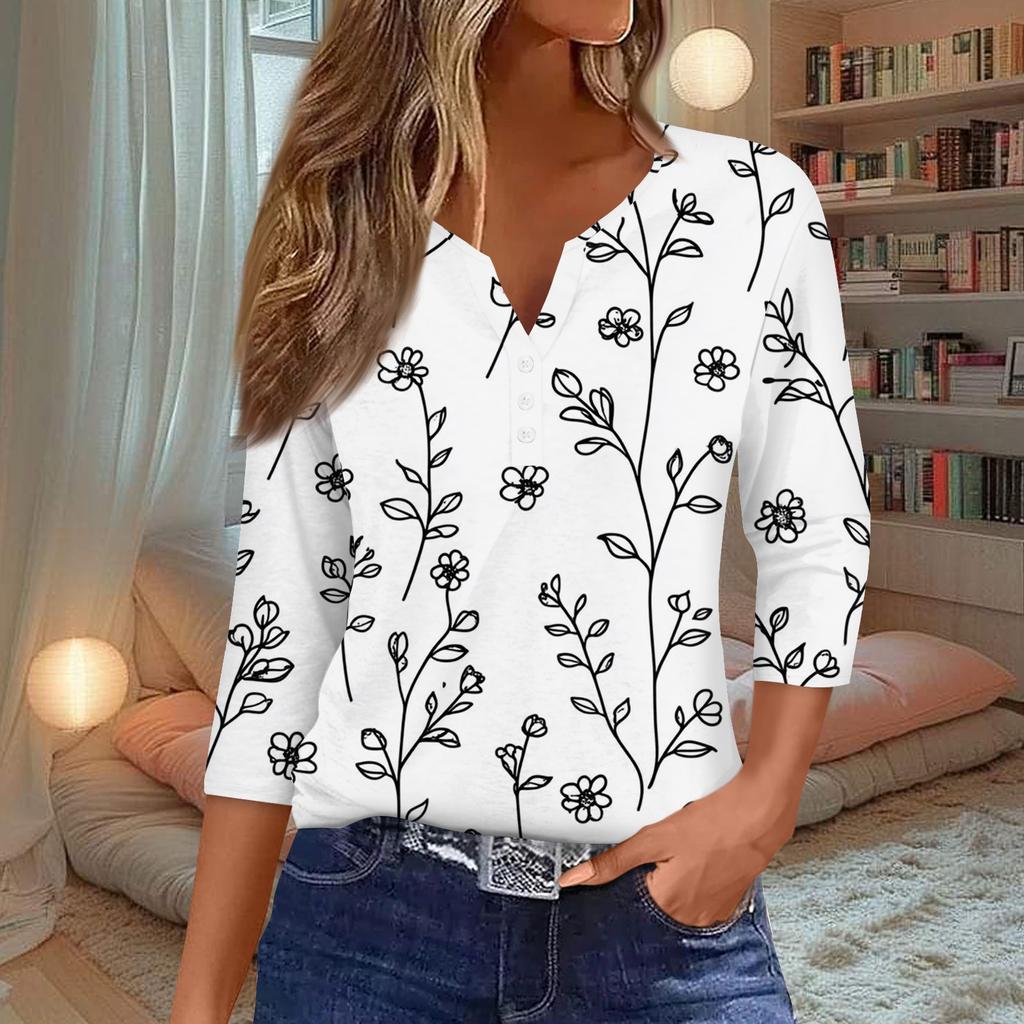 Damenmode Lässiges T-Shirt mit Blumendruck, V-Ausschnitt, dekorativen Knöpfen und Dreiviertelärmeln