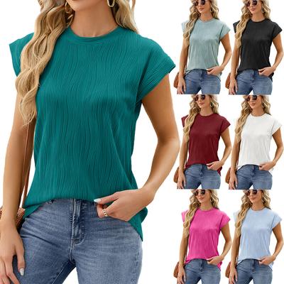 Summer Women Solid Round Neck Loose Short Sleeve Blouse Ladies Top