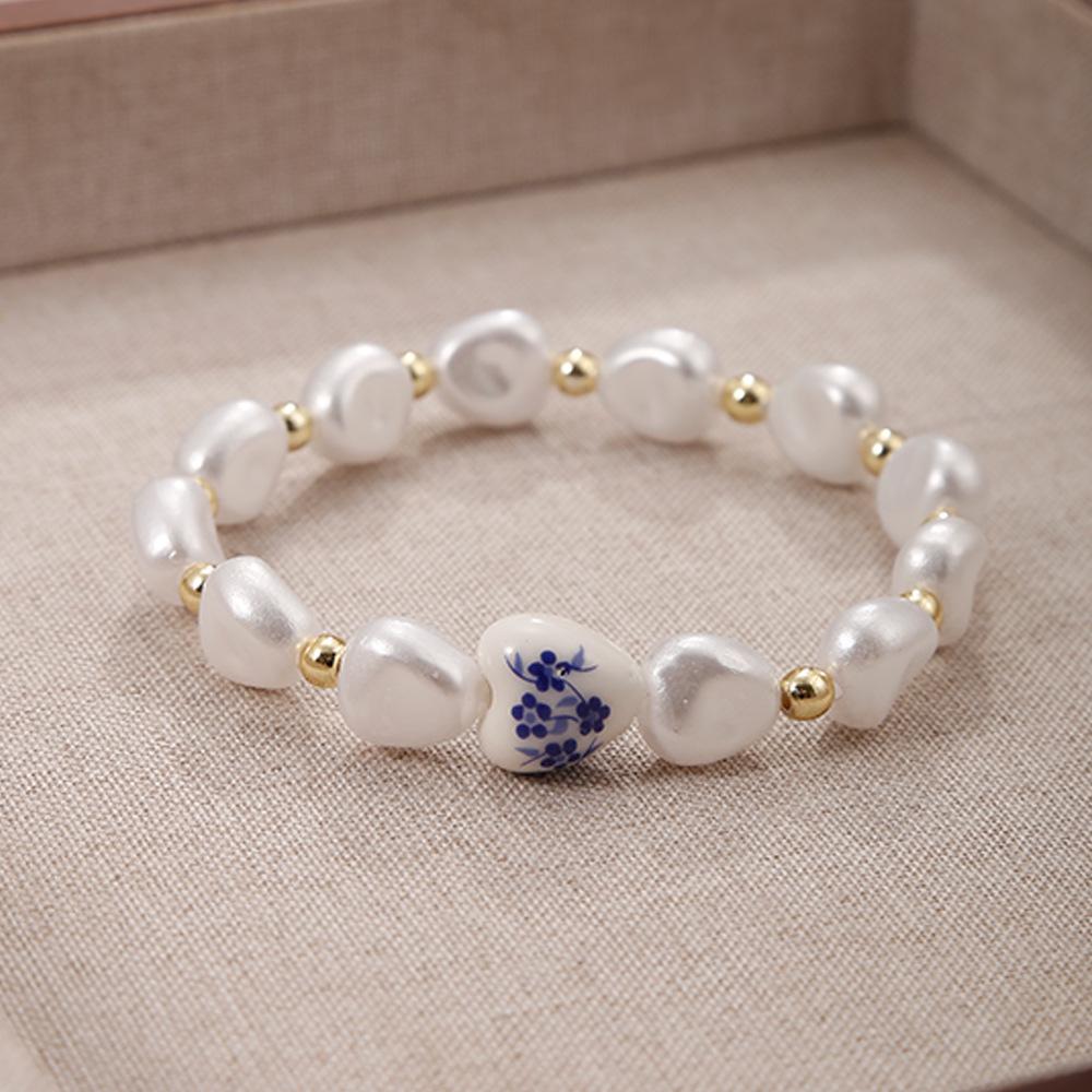 Elegant Blue & White Porcelain Gold Bead Bracelet with Faux Pearls and Layers