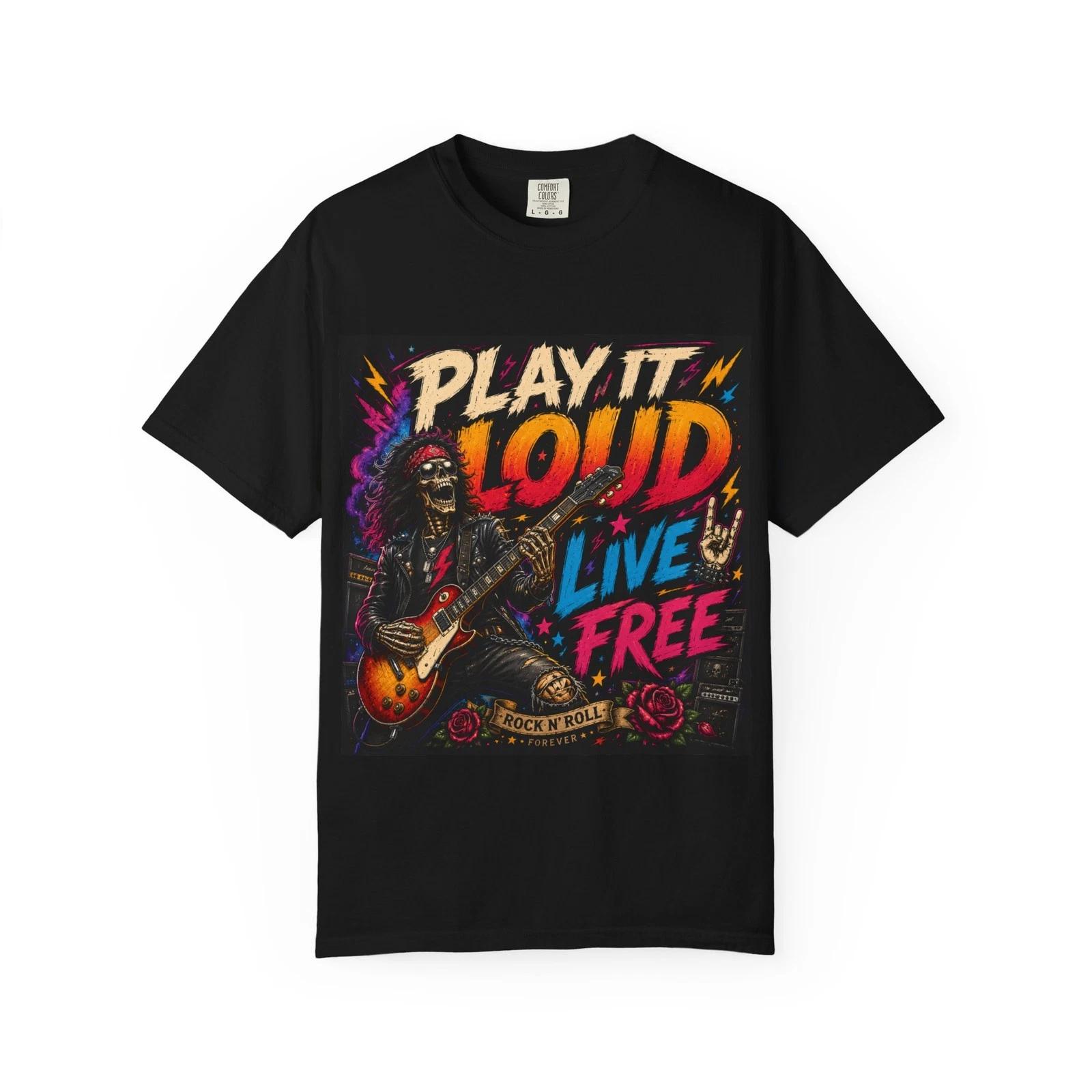 Play It Loud Live Free T-shirt | Rock Guitar Skeleton Design XS