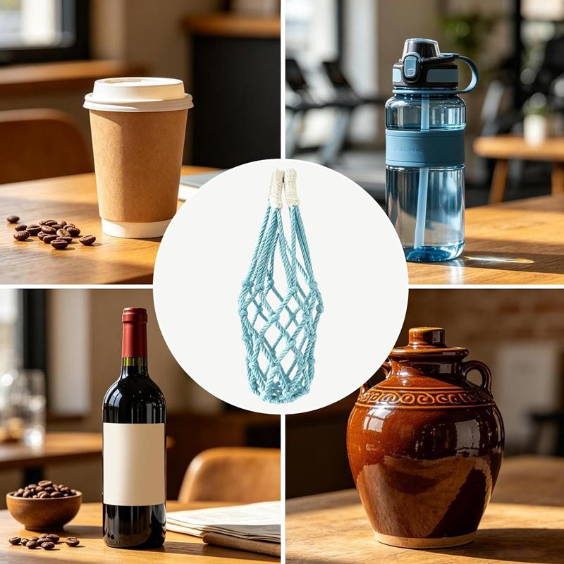 Portable Coffee Cup Bag Handwoven Water Bottle Pouch Outdoor Camping Storage Bags Foldable Beach Woven Net Mugs Umbrella Bags