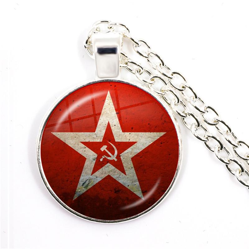 Soviet USSR Stalin Lenin Pendant Necklace Classic Red Star Hammer Sickle Communism Emblem CCCP Glass Cabochon Jewelry For Women
