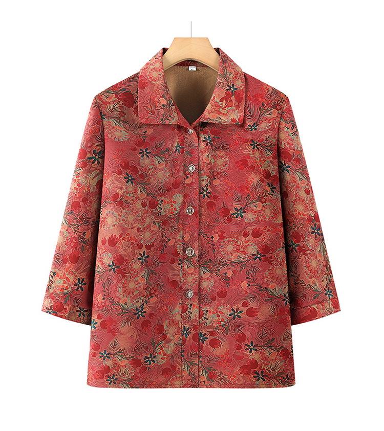 

2026 Spring & Fall Plus Size Floral Shirt for Middle-Aged & Elderly Women, 3/4 Sleeves, Warm, Comfortable, Loose Fit 5XL (suggested 145-160 jin) червоний
