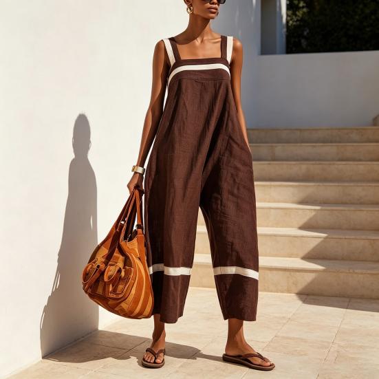 Summer Dress for Women, Color Block Sleeveless Cotton Linen Dress, Loose Vacation Long Dress with Pockets