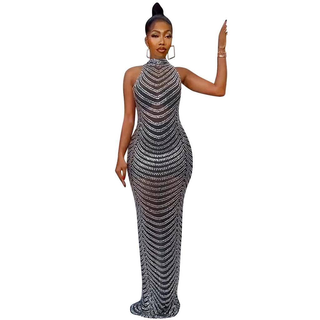 European Fashion Sexy Rhinestone Backless Nightclub Party Dress - See-through Long Dress for Women