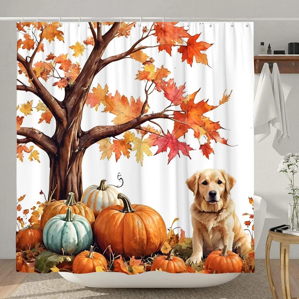 Sunflower Pumpkin Shower Curtain Thanksgiving Rustic Farm Barn Elf Cute Dog Polyester Shower Curtains Bathroom Decor with Hook