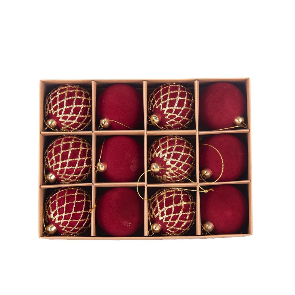 6cm Burgundy Flocked Christmas Baubles with Gold Glitter, 48Pcs Gift Box, 4 Patterns Xmas Tree Hanging Ornaments