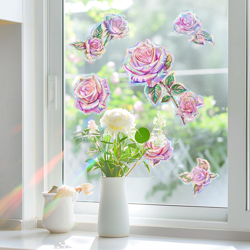Wholesale of BXC004UV Laser Dazzling Pink Rose Balcony Window Beautification and Decoration Static Window Stickers